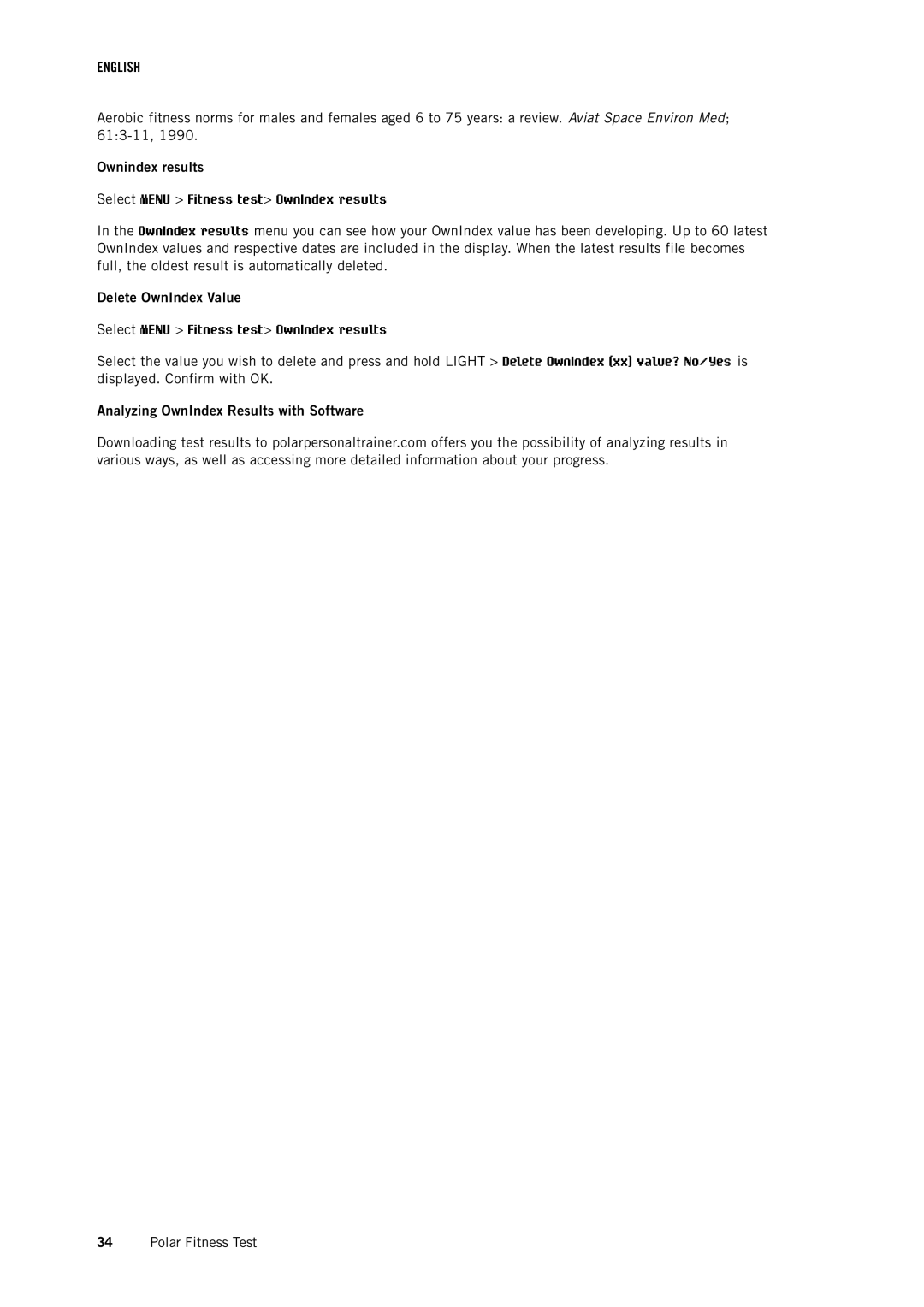 Polar RCX3 user manual Ownindex results, Delete OwnIndex Value, Analyzing OwnIndex Results with Software 