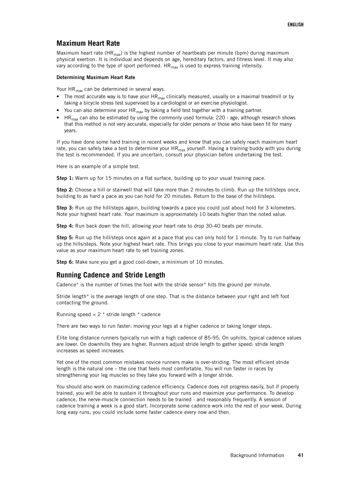 Polar RCX3 user manual Running Cadence and Stride Length, Determining Maximum Heart Rate 