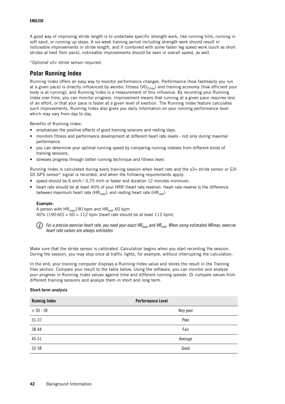 Polar RCX3 user manual Polar Running Index, Example, Short-term analysis 