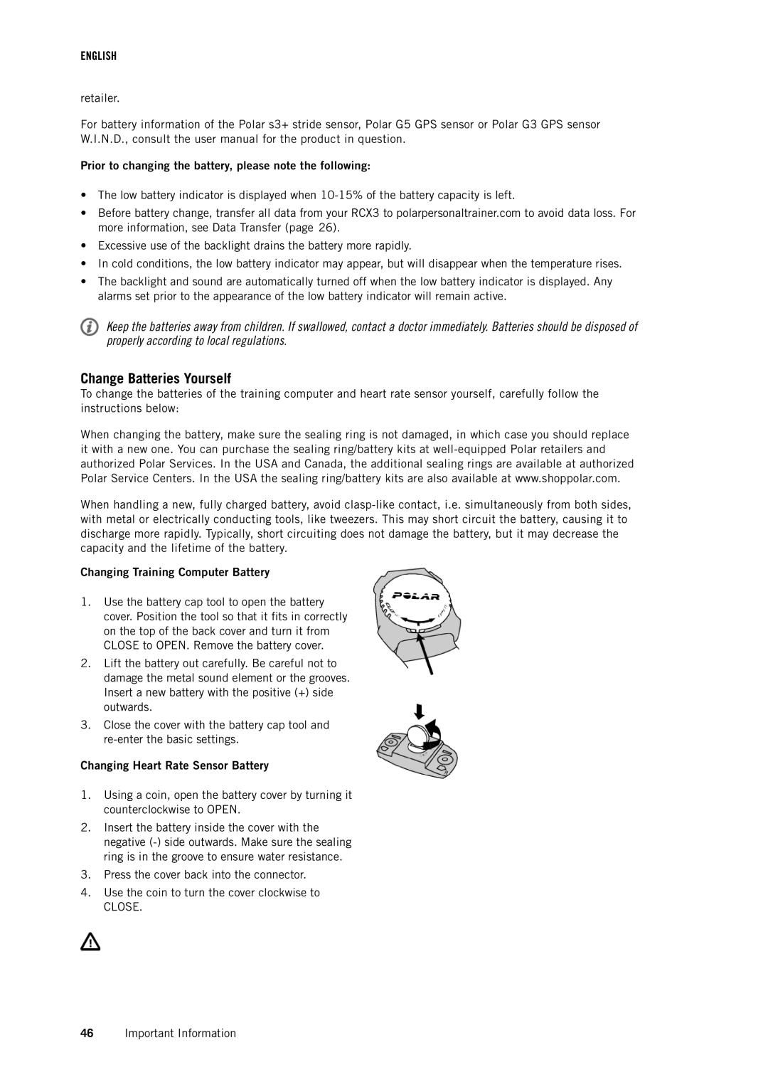 Polar RCX3 user manual Change Batteries Yourself, Prior to changing the battery, please note the following 