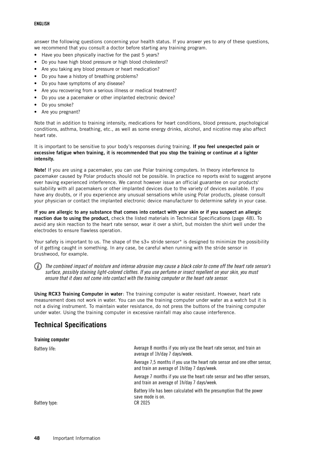 Polar RCX3 user manual Technical Specifications, Training computer 