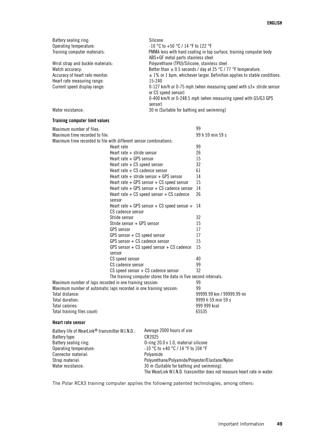 Polar RCX3 user manual Training computer limit values 