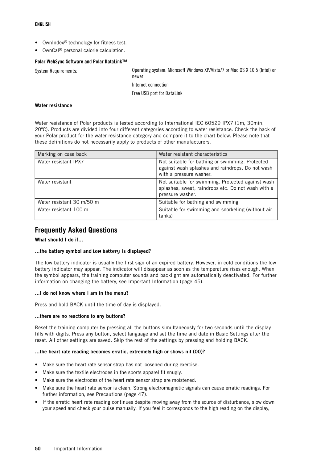 Polar RCX3 user manual Frequently Asked Questions, Water resistance, Do not know where I am in the menu? 