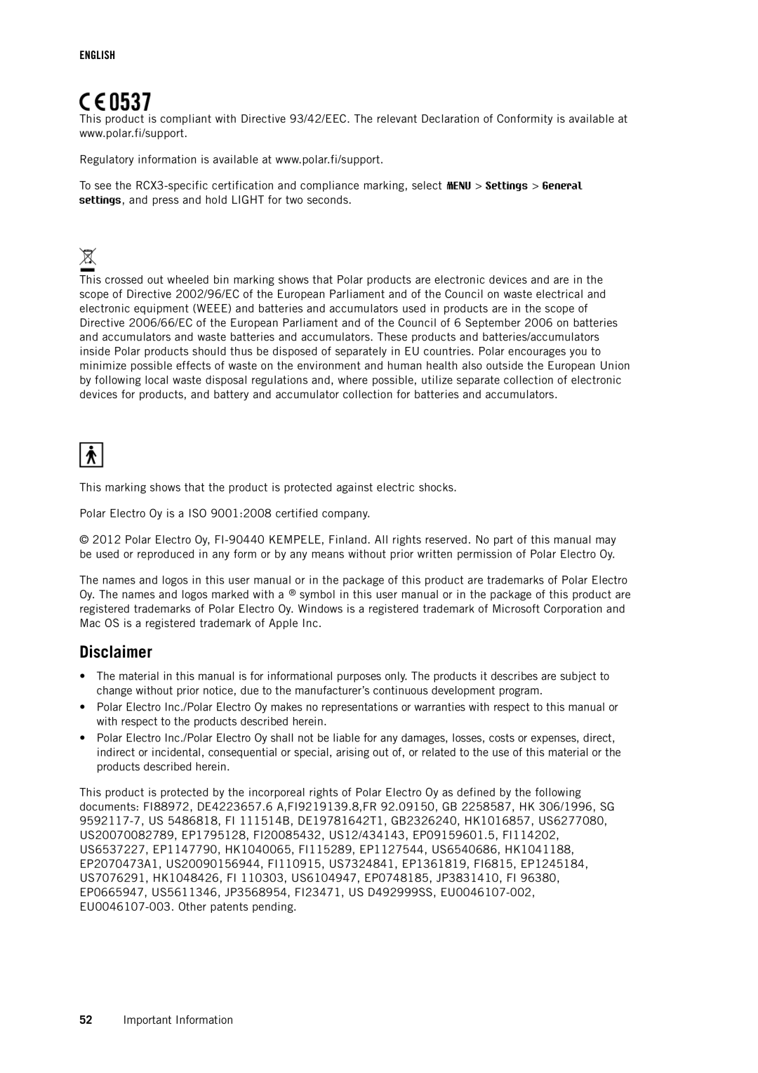 Polar RCX3 user manual Disclaimer 