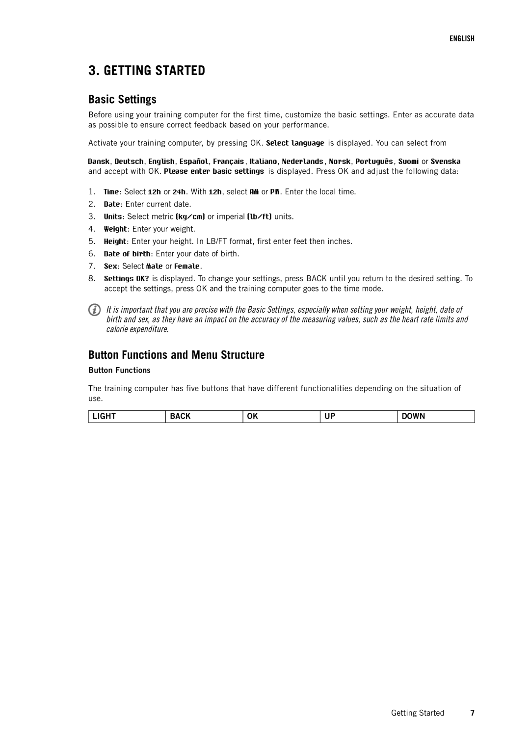 Polar RCX3 user manual Getting Started, Basic Settings, Button Functions and Menu Structure 