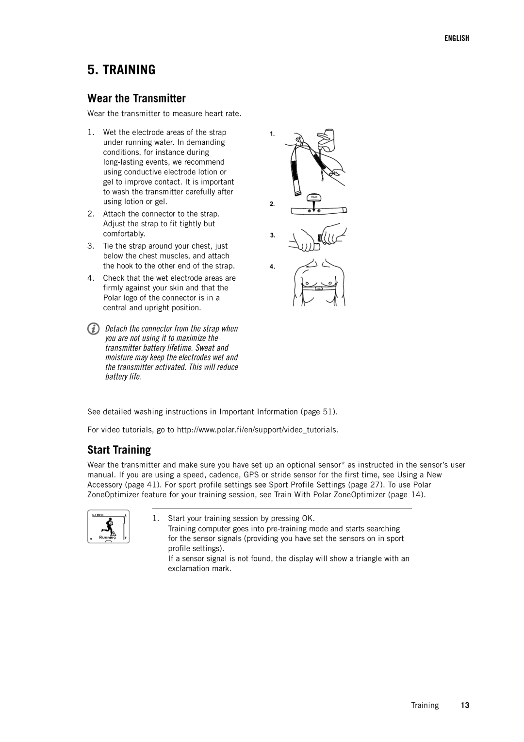 Polar RCX5 user manual Wear the Transmitter, Start Training 