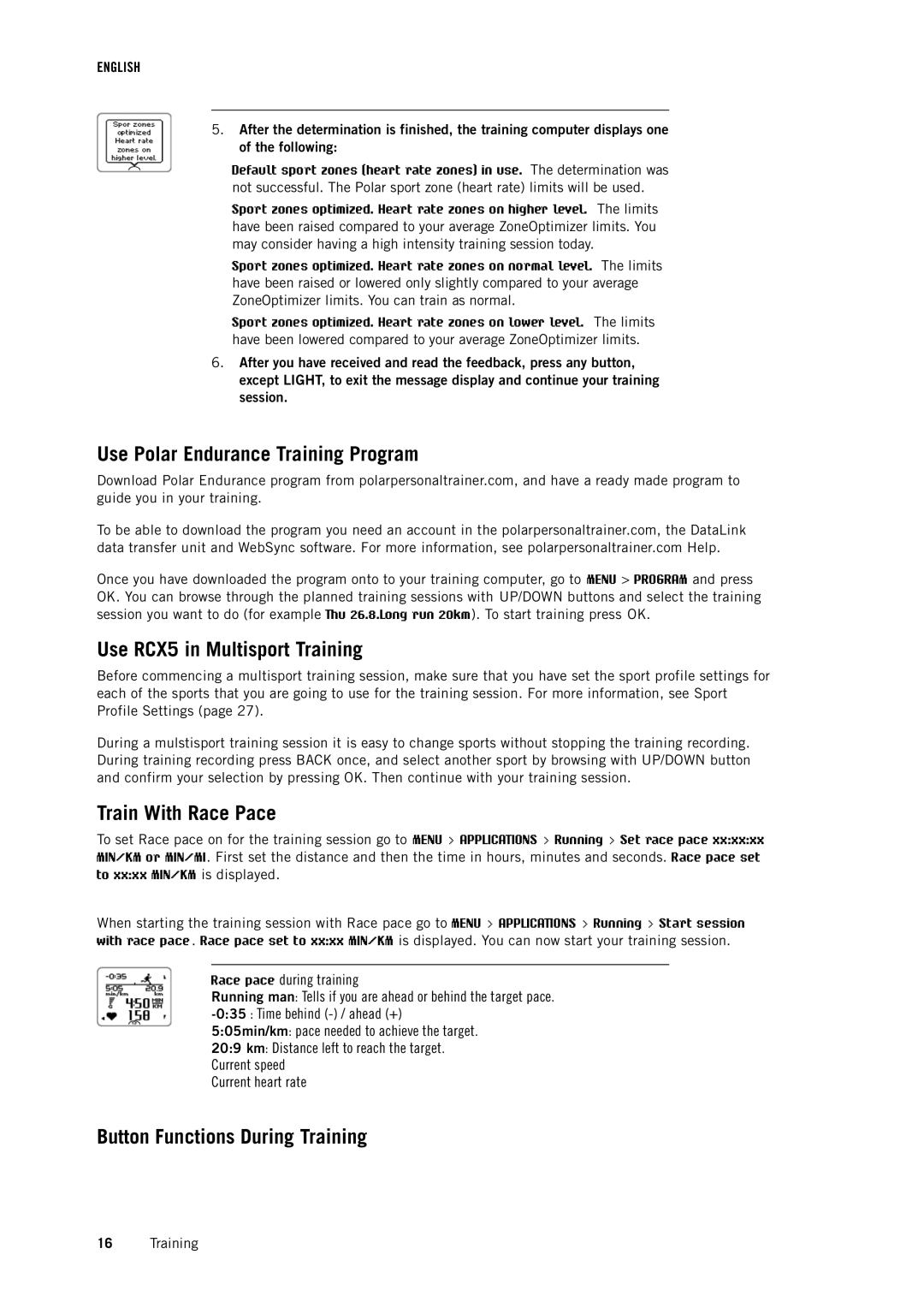 Polar user manual Use Polar Endurance Training Program, Use RCX5 in Multisport Training, Train With Race Pace 