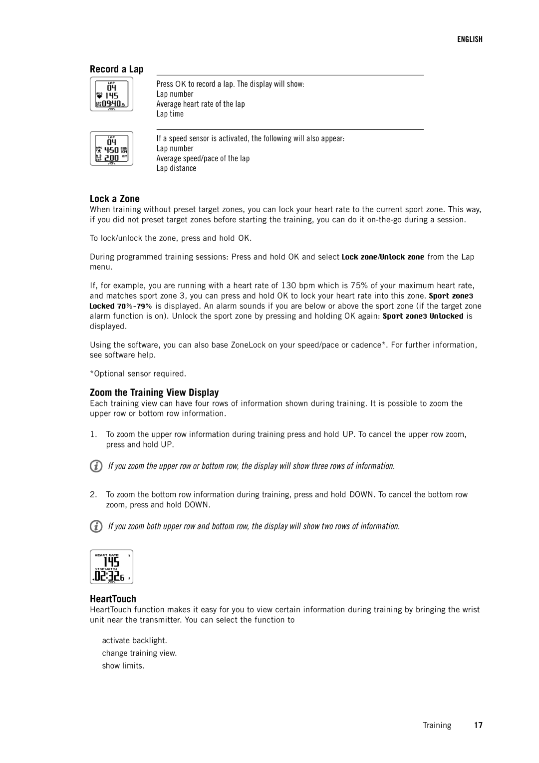 Polar RCX5 user manual Record a Lap, Lock a Zone, Zoom the Training View Display, HeartTouch 