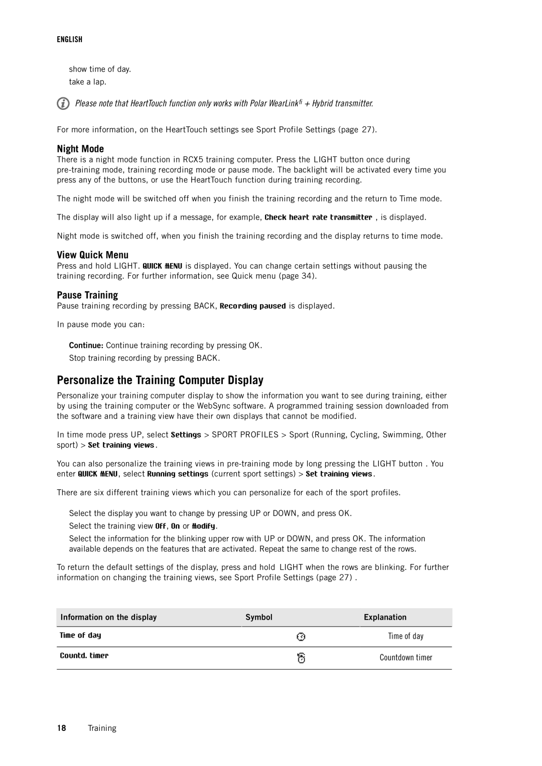 Polar RCX5 user manual Personalize the Training Computer Display, Night Mode, View Quick Menu, Pause Training 