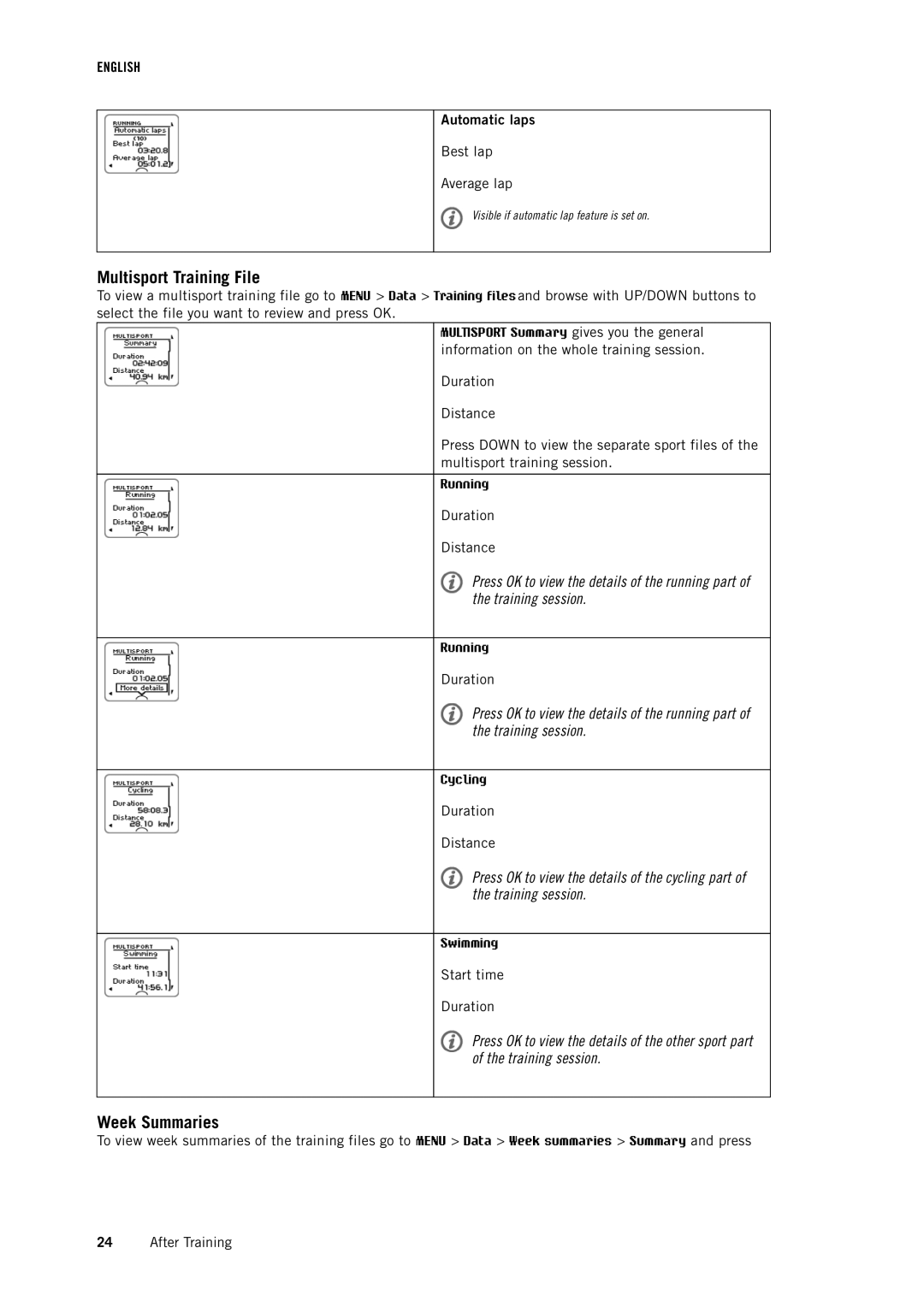 Polar RCX5 user manual Multisport Training File, Week Summaries, Automatic laps 