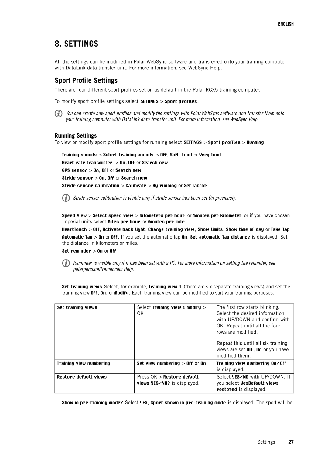 Polar RCX5 user manual Sport Profile Settings, Running Settings 