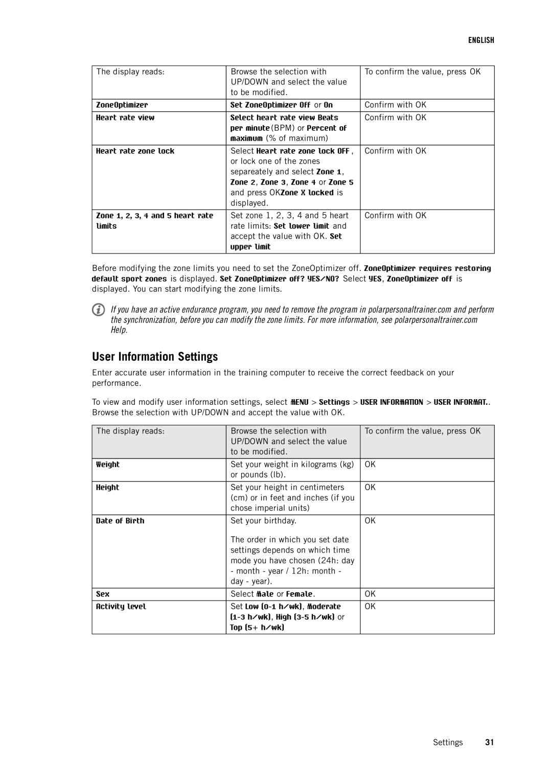 Polar RCX5 user manual User Information Settings, Rate limits Set lower limit Accept the value with OK. Set 