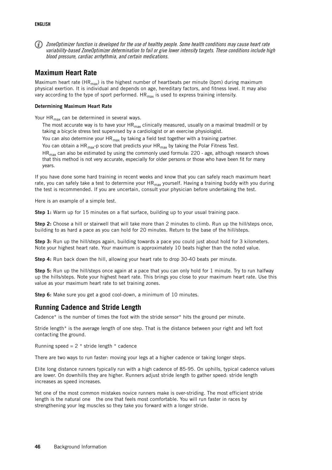 Polar RCX5 user manual Running Cadence and Stride Length, Determining Maximum Heart Rate 