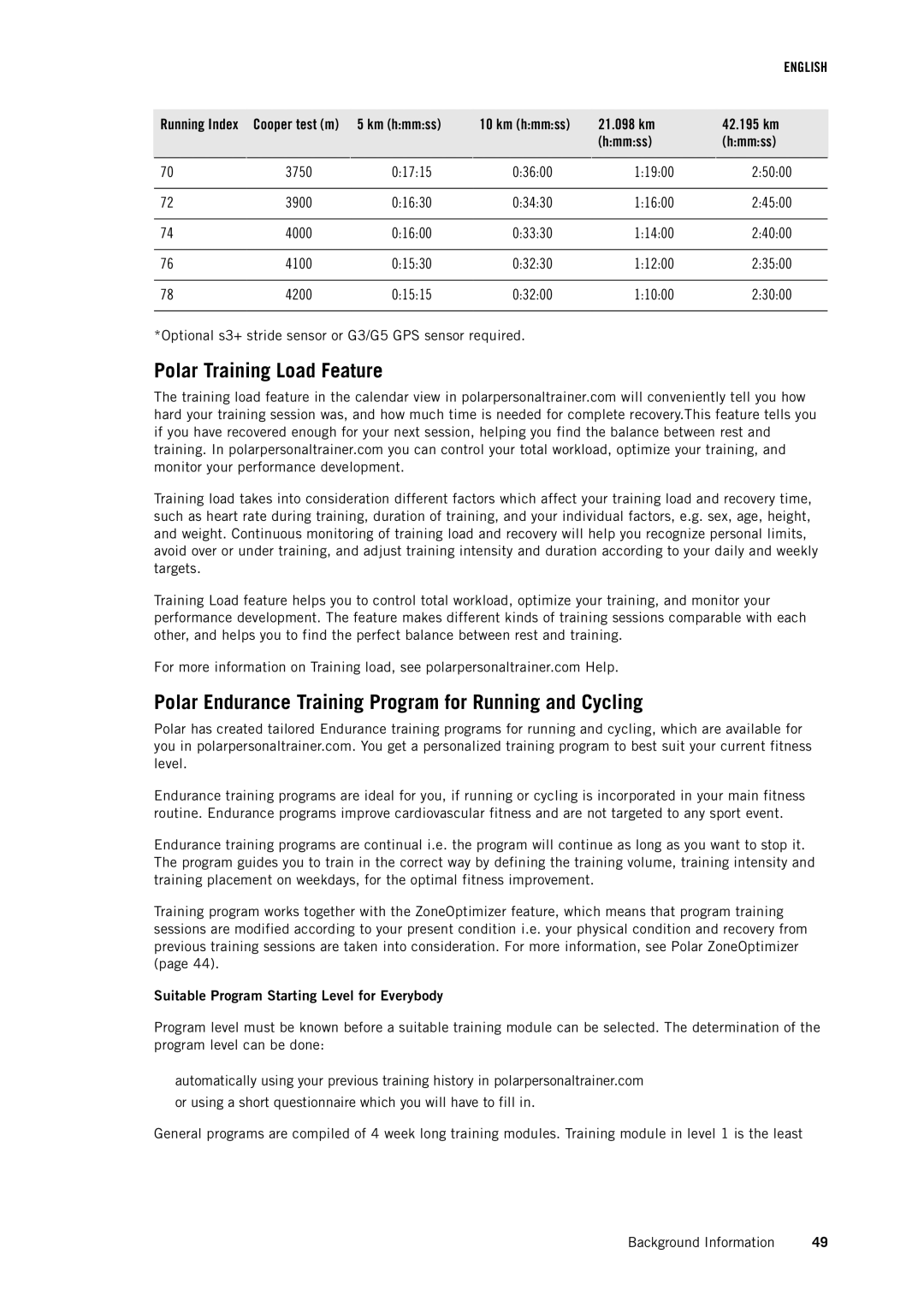 Polar RCX5 user manual Polar Training Load Feature, Polar Endurance Training Program for Running and Cycling 