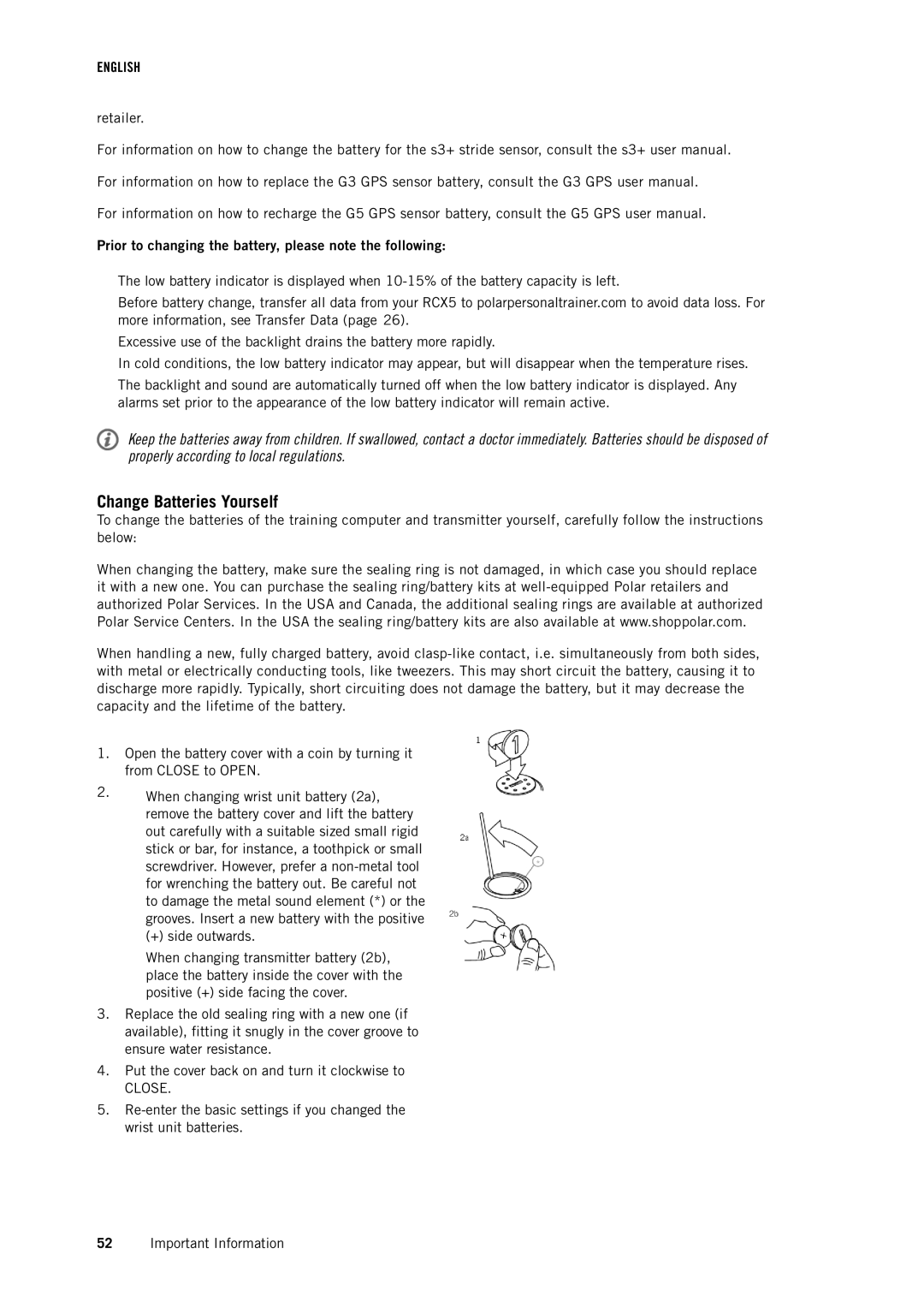 Polar RCX5 user manual Change Batteries Yourself, Prior to changing the battery, please note the following 