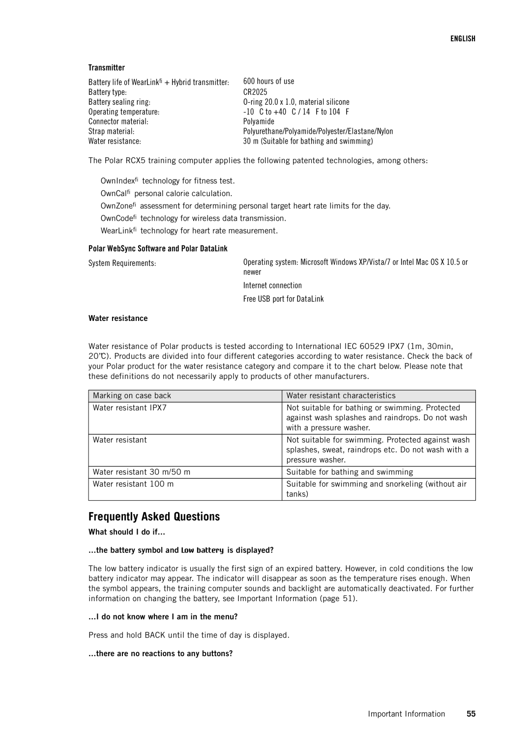 Polar RCX5 user manual Frequently Asked Questions, Transmitter, Water resistance, Do not know where I am in the menu? 