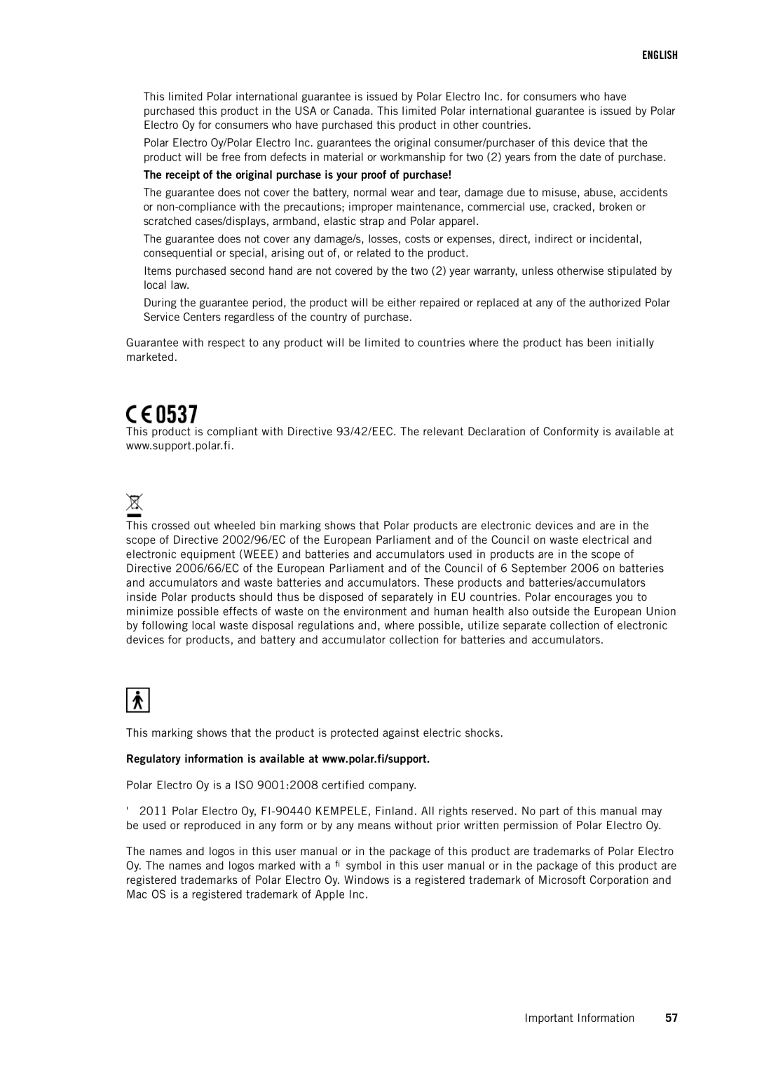 Polar RCX5 user manual Receipt of the original purchase is your proof of purchase 