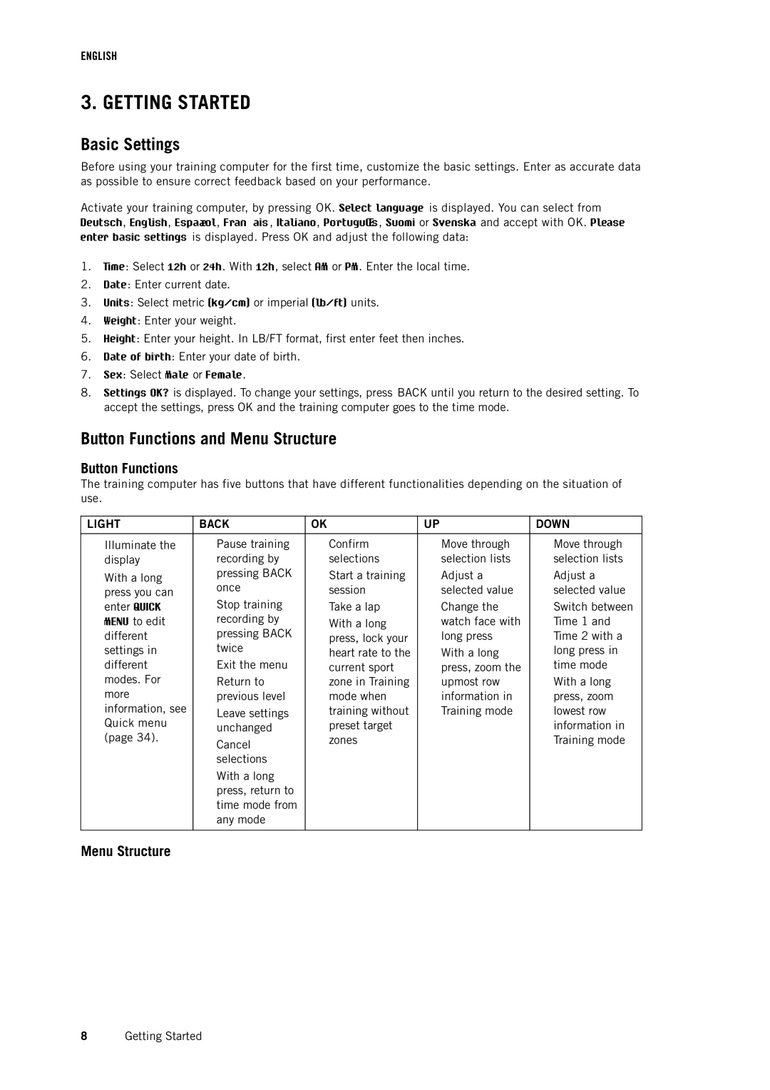 Polar RCX5 user manual Getting Started, Basic Settings, Button Functions and Menu Structure 