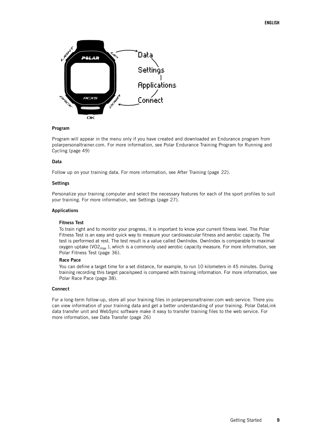 Polar RCX5 user manual Program, Data, Settings, Applications Fitness Test, Race Pace, Connect 