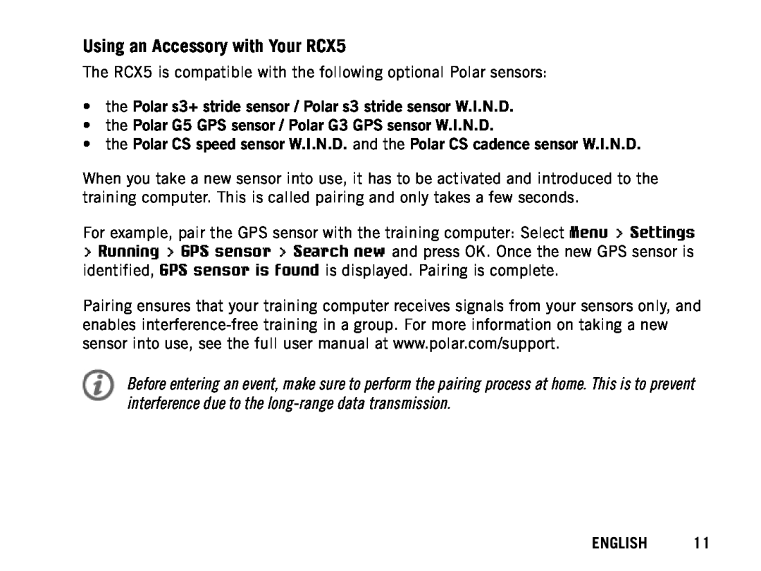 Polar manual Using an Accessory with Your RCX5, the Polar s3+ stride sensor / Polar s3 stride sensor W.I.N.D, English 