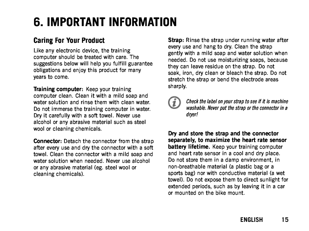 Polar RCX5 manual Important Information, Caring For Your Product, English 