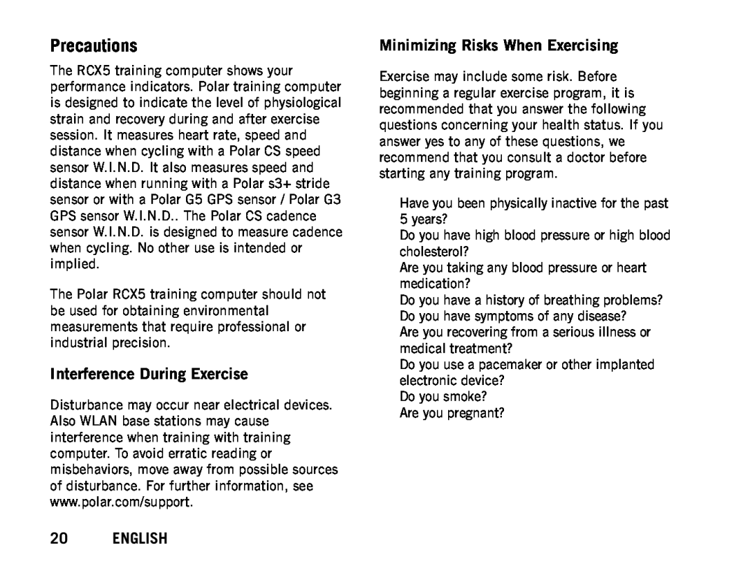 Polar RCX5 manual Precautions, Interference During Exercise, Minimizing Risks When Exercising, English 