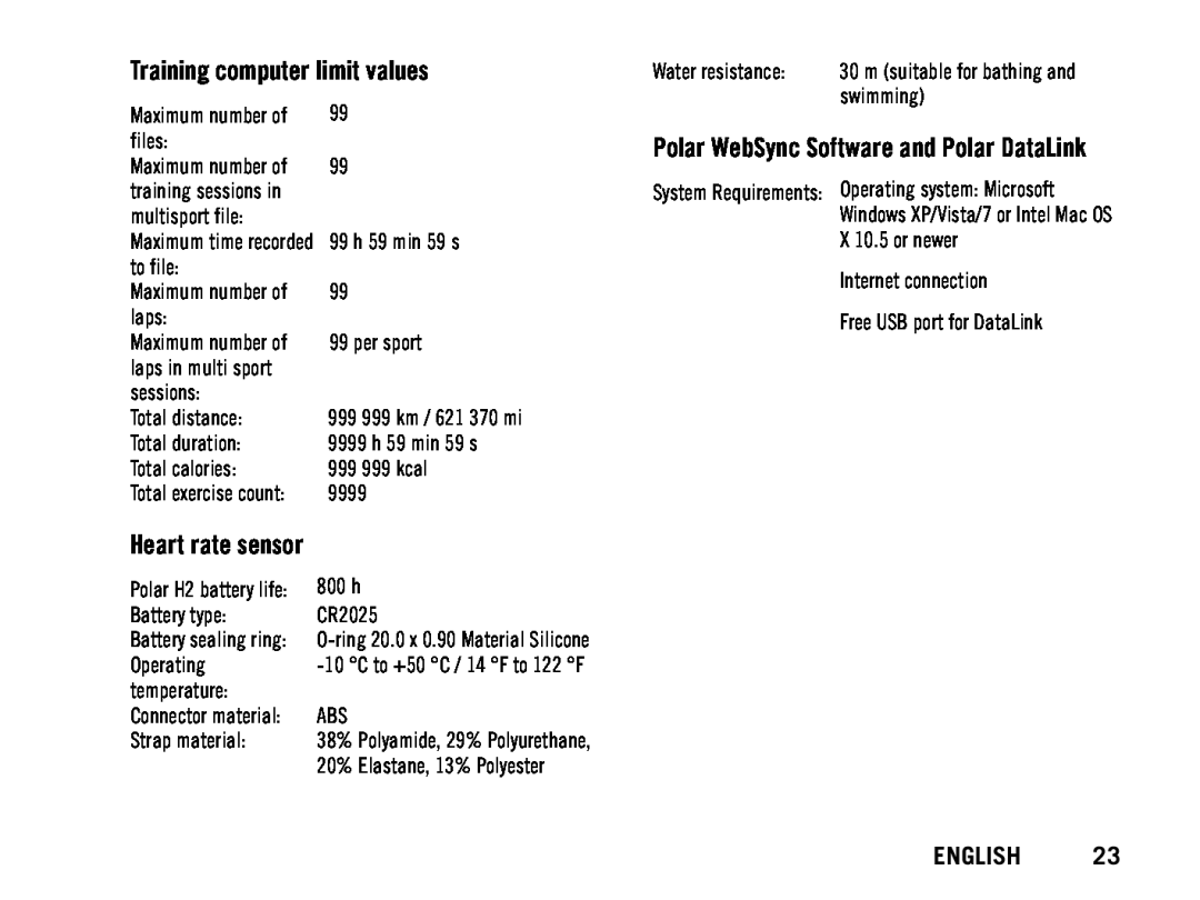 Polar RCX5 manual Training computer limit values, Heart rate sensor, Polar WebSync Software and Polar DataLink, English 