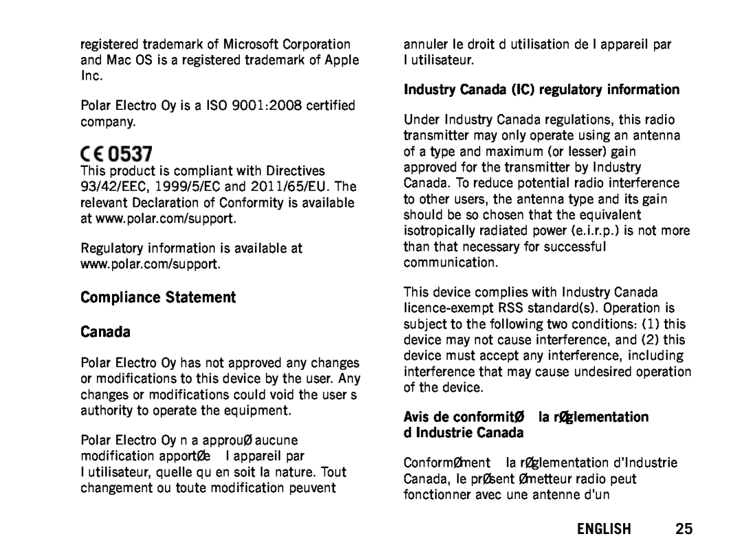 Polar RCX5 manual Compliance Statement Canada, Industry Canada IC regulatory information, English 