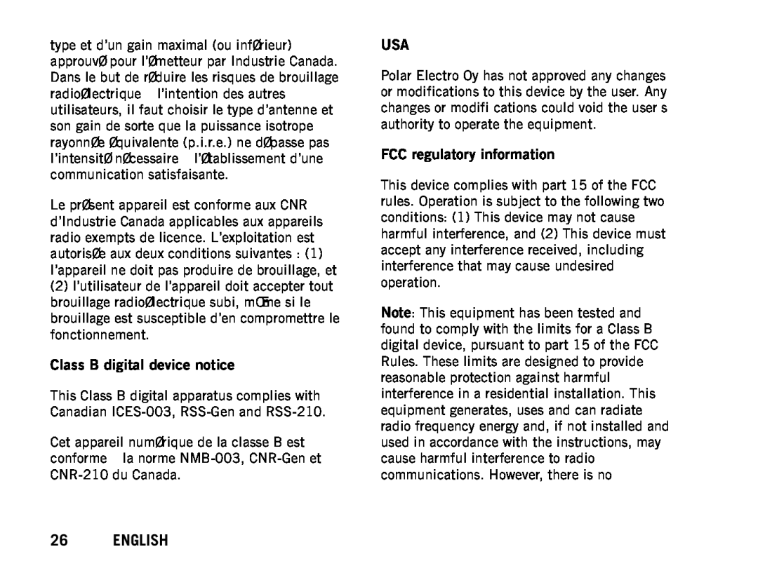 Polar RCX5 manual Class B digital device notice, FCC regulatory information, English 