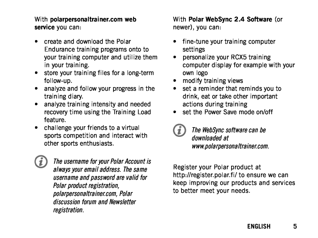 Polar RCX5 With polarpersonaltrainer.com web service you can, With Polar WebSync 2.4 Software or newer, you can, English 