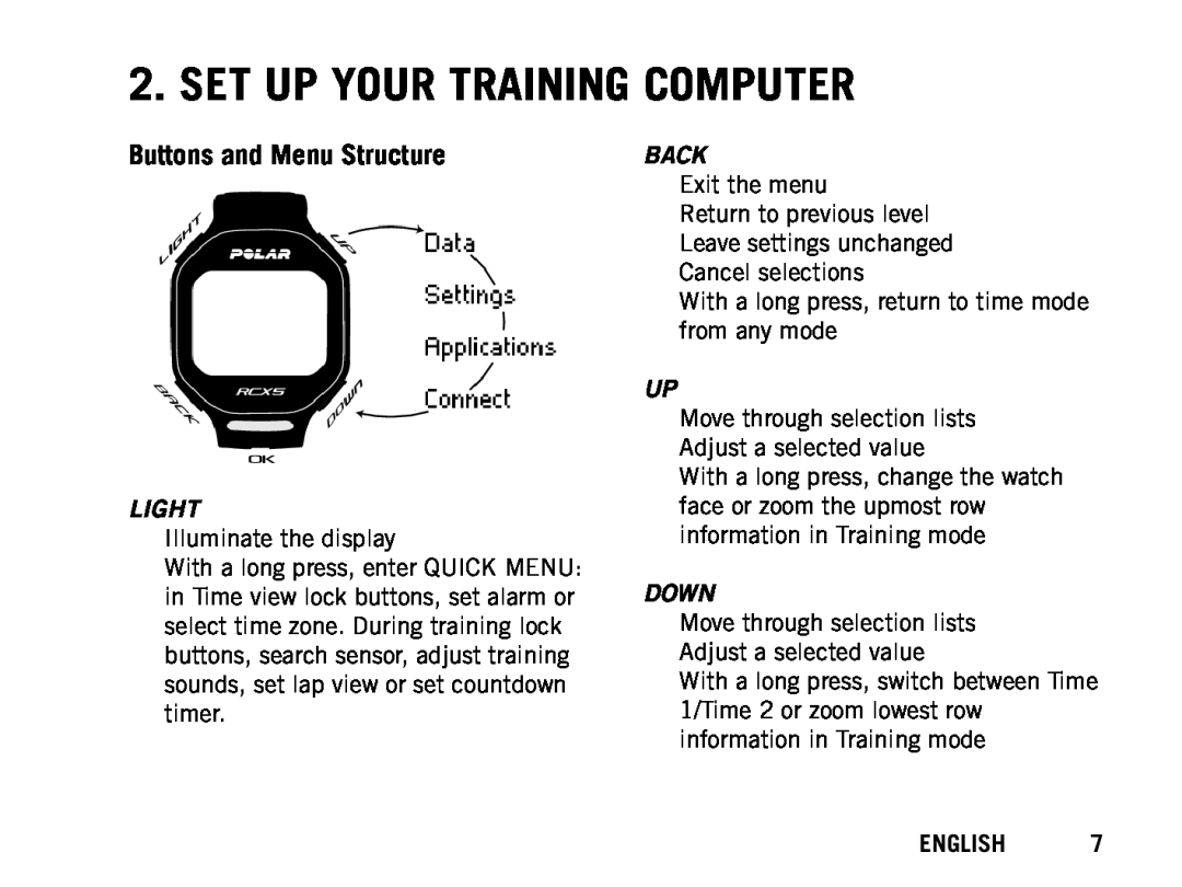 Polar RCX5 manual Set Up Your Training Computer, Buttons and Menu Structure, Light, Back, Down, English 