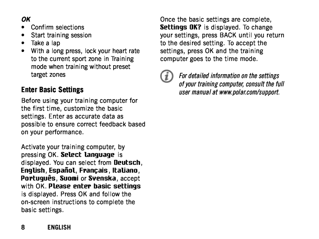 Polar RCX5 manual Enter Basic Settings, English 