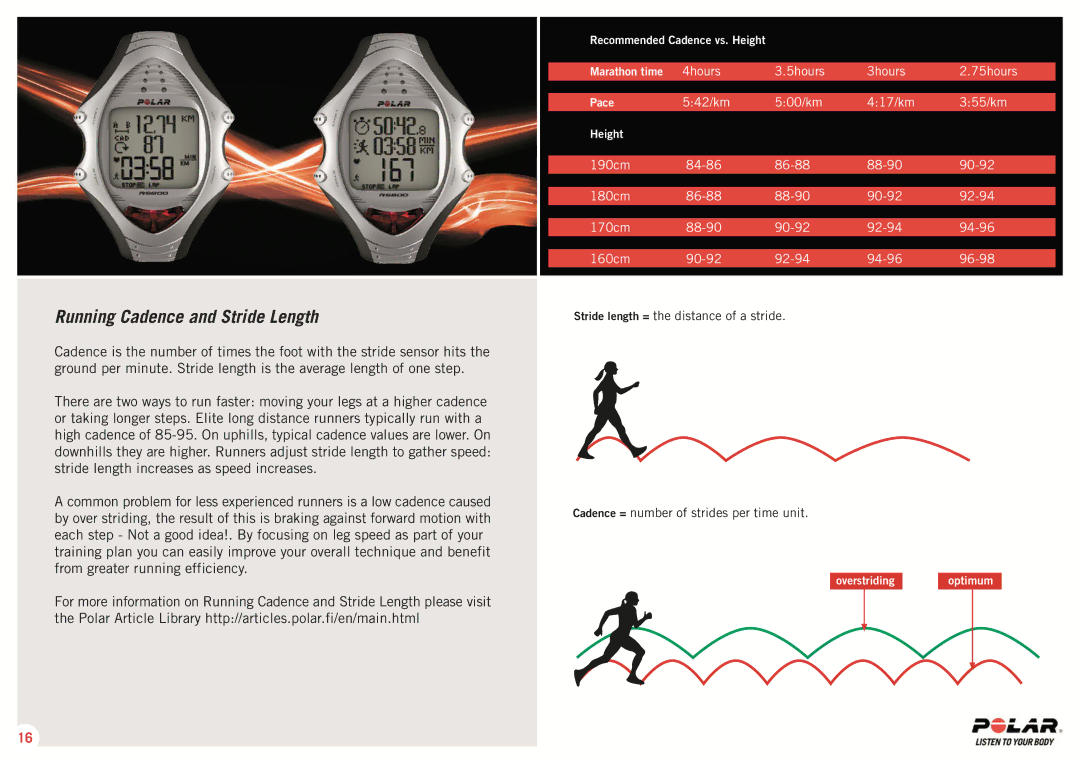 Polar RS 800 SD manual Running Cadence and Stride Length 