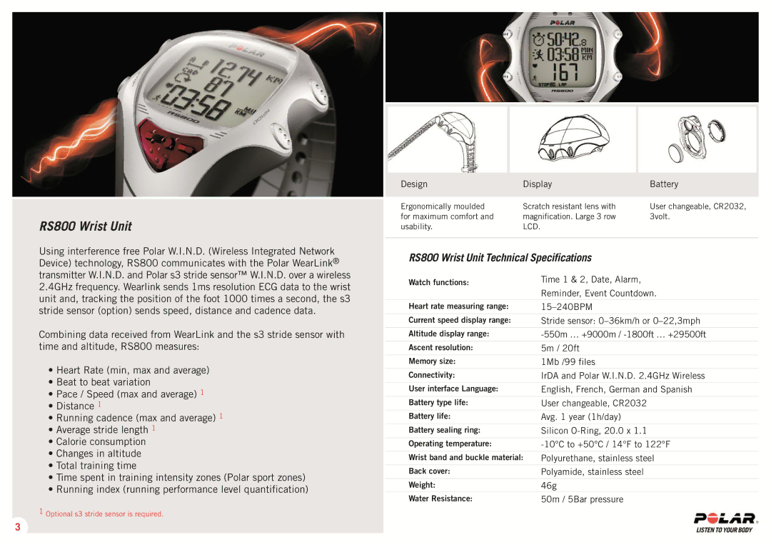 Polar RS 800 SD manual RS800 Wrist Unit, Design Display Battery 