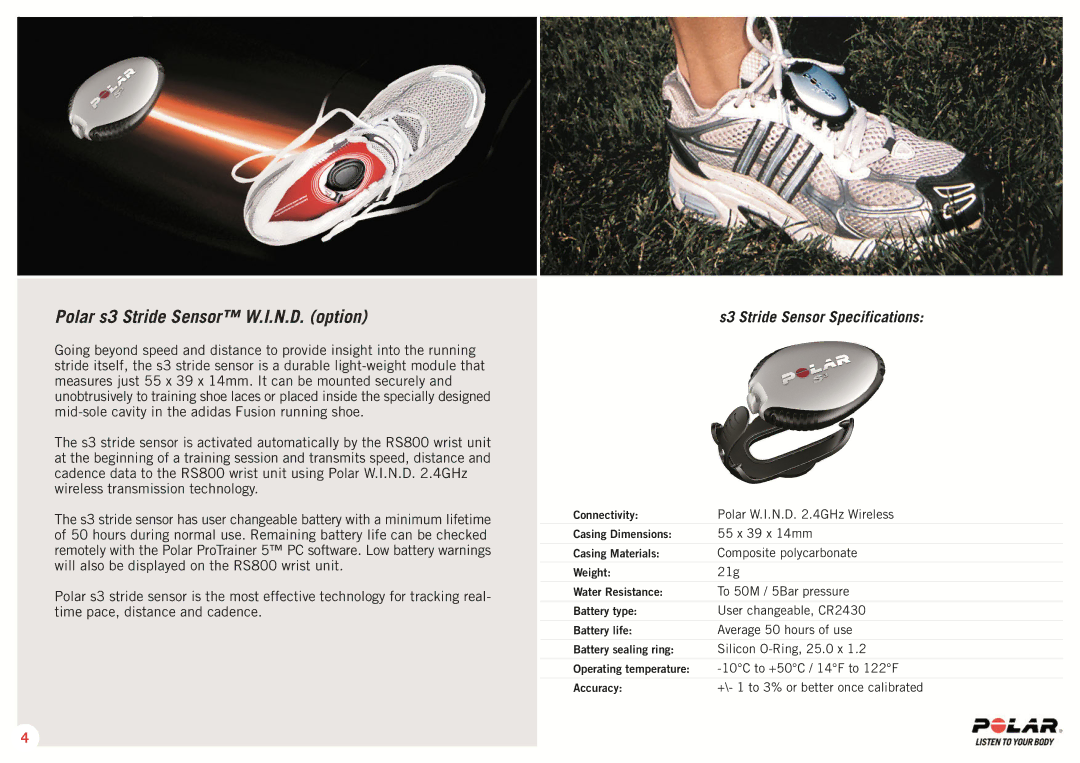 Polar RS 800 SD manual Polar s3 Stride Sensor W.I.N.D. option, S3 Stride Sensor Specifications 