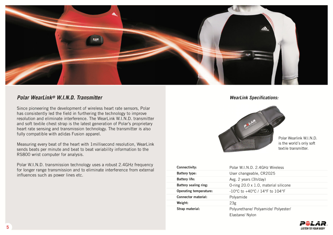 Polar RS 800 SD manual Polar WearLink W.I.N.D. Transmitter, WearLink Specifications 