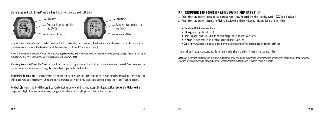 Polar RS100 manuel dutilisation Stopping the Exercise and Viewing Summary File, Lap time Split time Average heart rate 