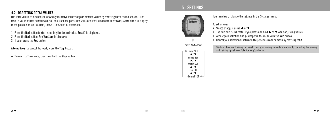 Polar RS100 manuel dutilisation Settings, Resetting Total Values, Timer SET Limits SET Watch SET User SET General SET 