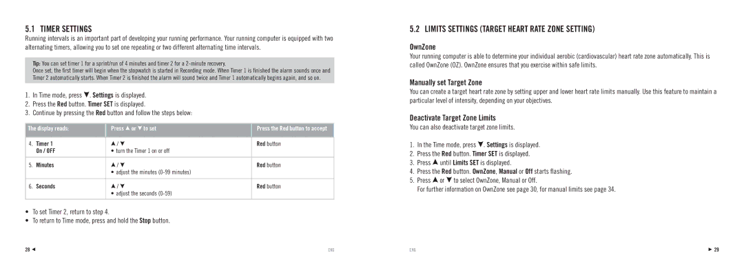 Polar RS100 Timer Settings, Limits Settings Target Heart Rate Zone Setting, OwnZone, Manually set Target Zone 