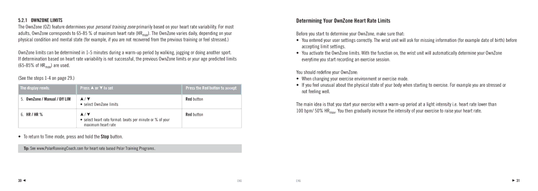 Polar RS100 Determining Your OwnZone Heart Rate Limits, Ownzone Limits, Select OwnZone limits, Hr / Hr % 