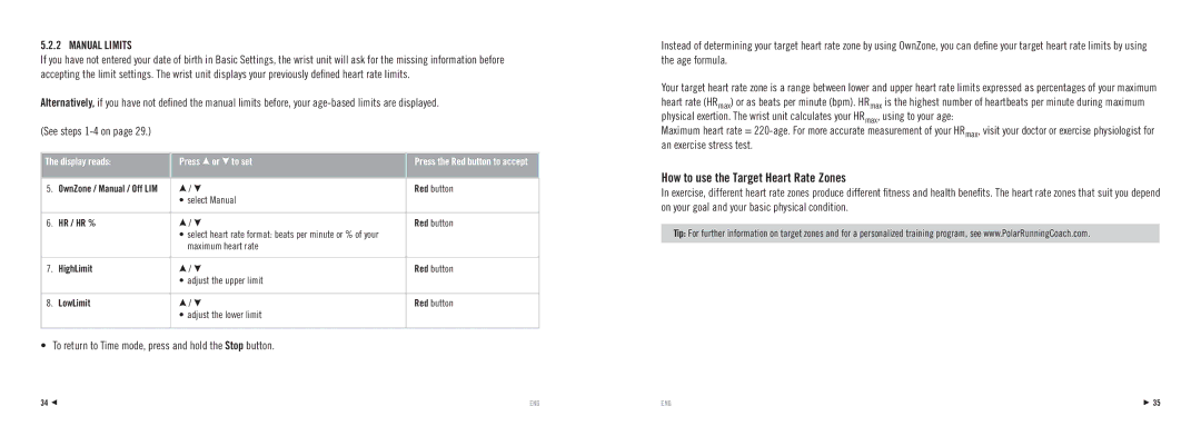 Polar RS100 manuel dutilisation How to use the Target Heart Rate Zones, Manual Limits, HighLimit, LowLimit 