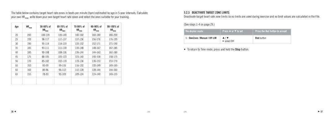 Polar RS100 manuel dutilisation Deactivate Target Zone Limits, Age, 50-60% 60-70% 70-80% 80-90%, Select Off, 90-100% 