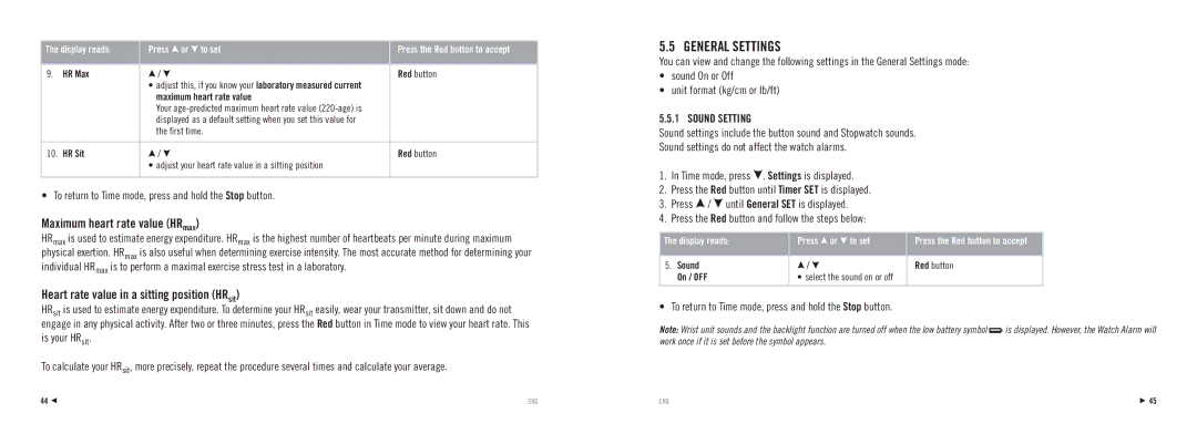 Polar RS100 General Settings, Maximum heart rate value HRmax, Heart rate value in a sitting position HRsit, Sound Setting 