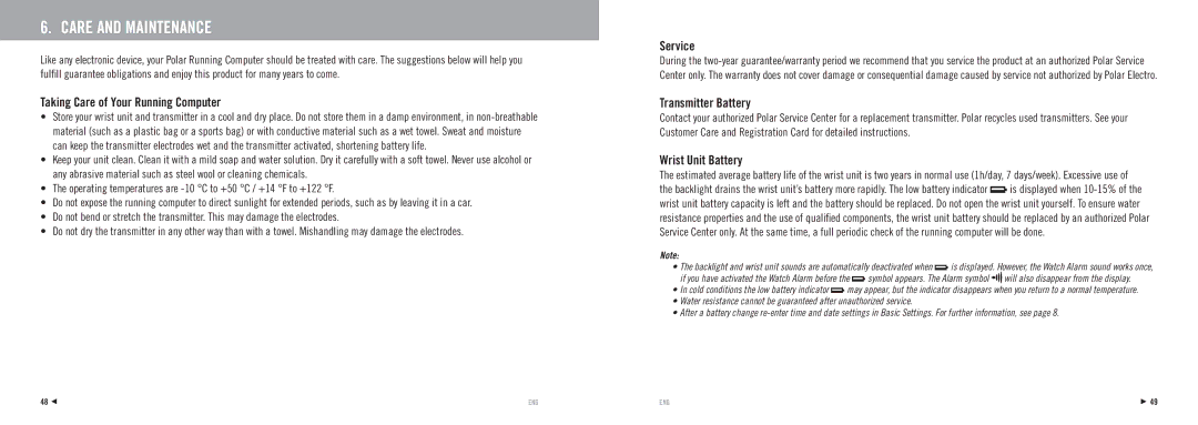 Polar RS100 Care and Maintenance, Taking Care of Your Running Computer, Service, Transmitter Battery, Wrist Unit Battery 