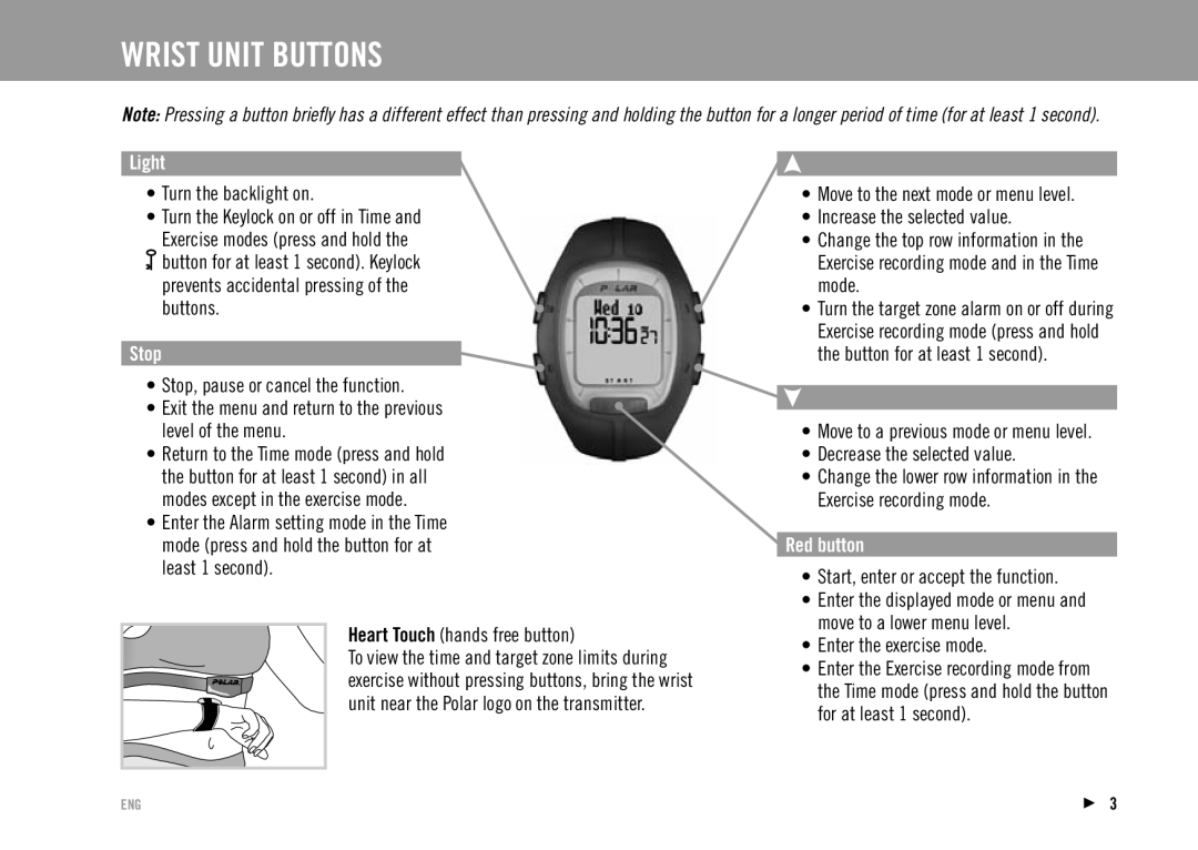 Polar RS100 manuel dutilisation Wrist Unit Buttons, Light, Stop, Red button 