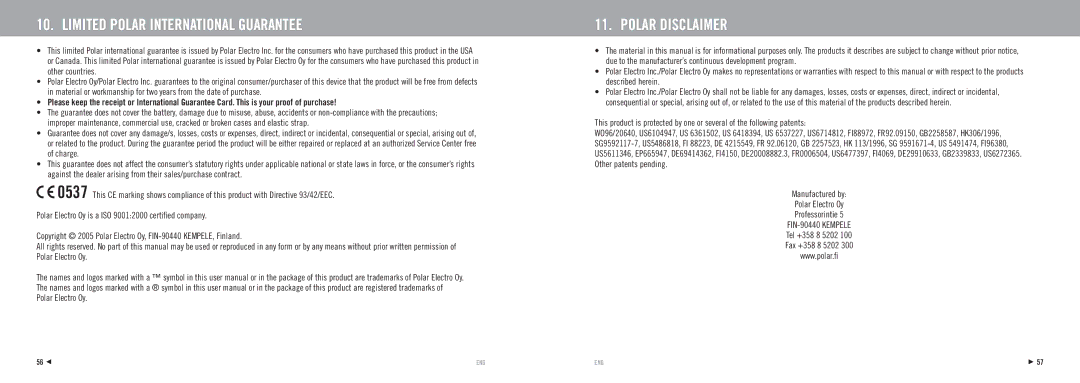 Polar RS100 Limited Polar International Guarantee, Polar Disclaimer, Manufactured by Polar Electro Oy Professorintie 