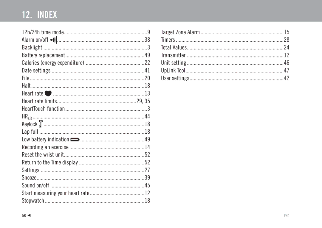 Polar RS100 manuel dutilisation Index 