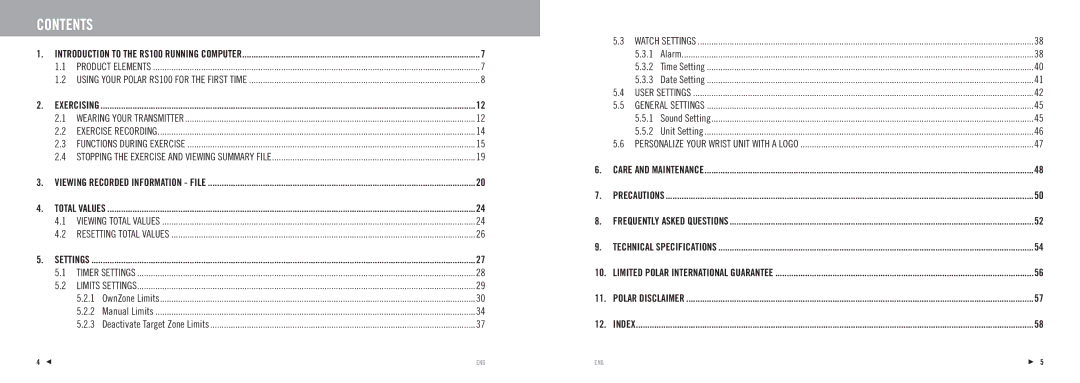 Polar RS100 manuel dutilisation Contents 