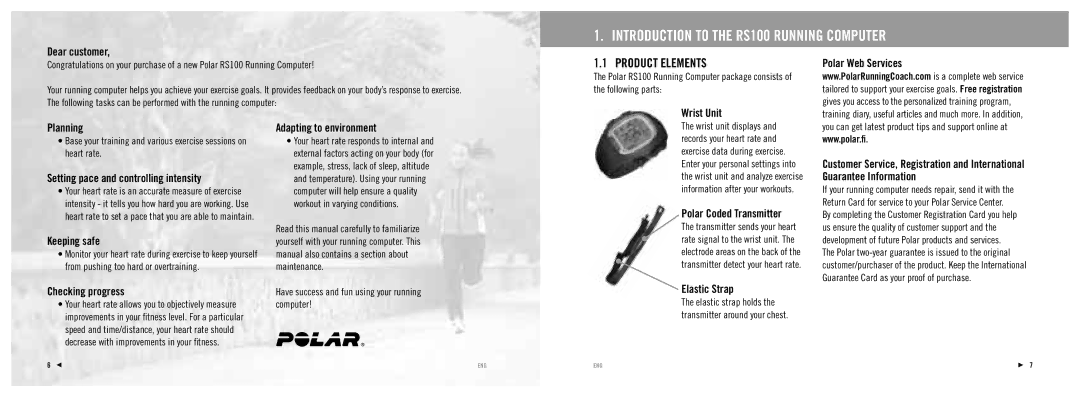 Polar manuel dutilisation Introduction to the RS100 Running Computer, Product Elements 