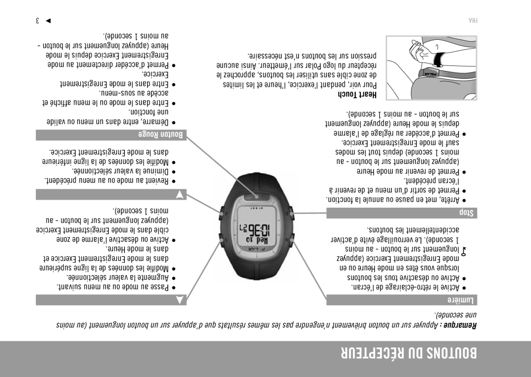 Polar RS100 manuel dutilisation Seconde 1 moins au, Rouge Bouton, Lumière 